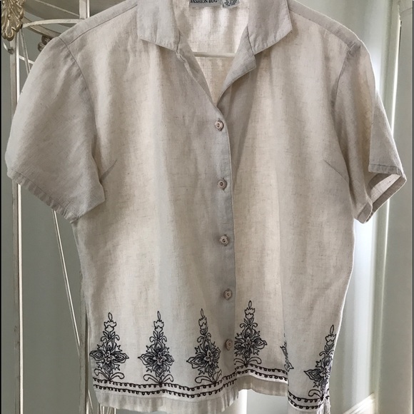 Cotton/linen button up shirt with embroidered details at waist. - Picture 1 of 7